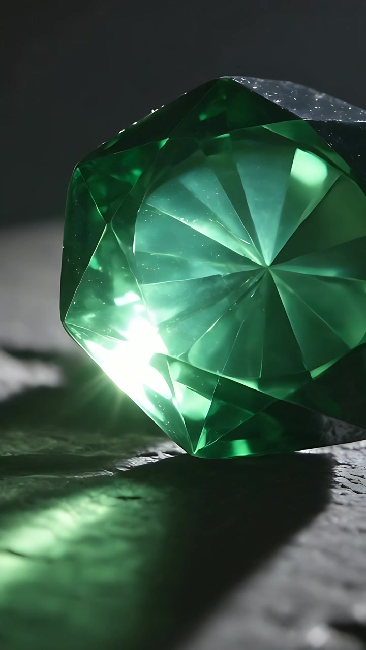 Vertical video: Moving highlight crossing faceted green gem on table, by left light showing dust