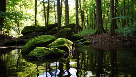moss-covered rocks in a forest stream