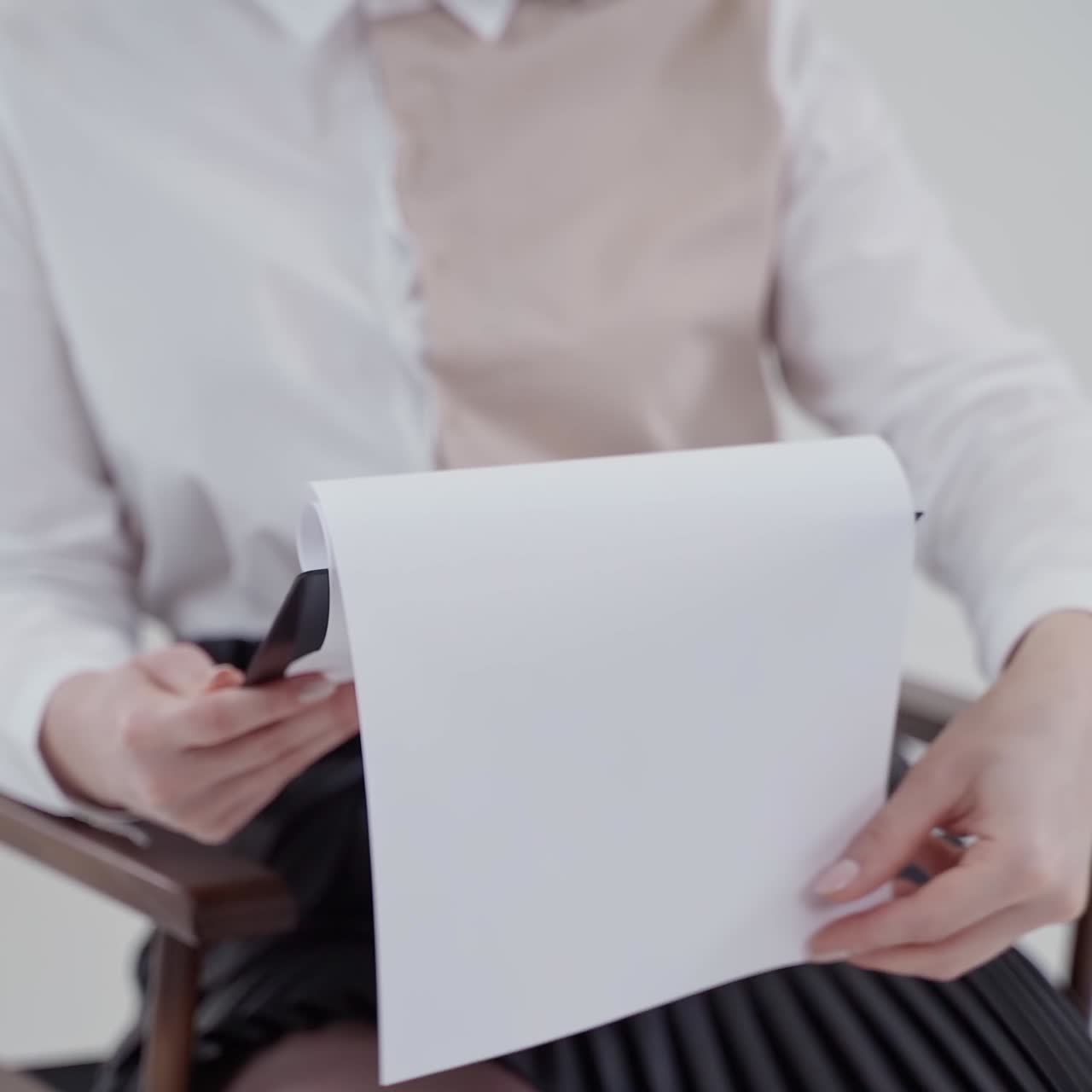 Folder in woman's hands. Young secretary in blouse sitting in the chair and flipping papers. Close-up. Slow motion.