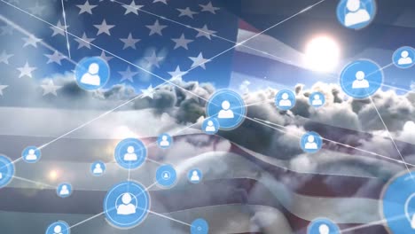 animation of network of connections of icons with people over usa flag and clouds