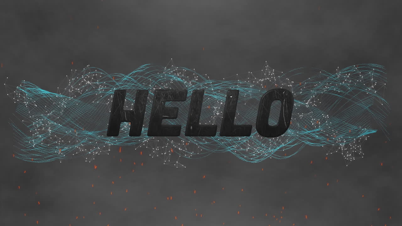 Digital animation of hello text against digital wave on grey background