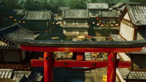 scenic asian village with red torii gate