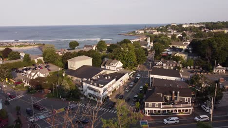 drone-fly-above-residential-district-of-Ogunquit,-aerial-view-of-town-on-Atlantic-Ocean-coastline-of-Maine-USA