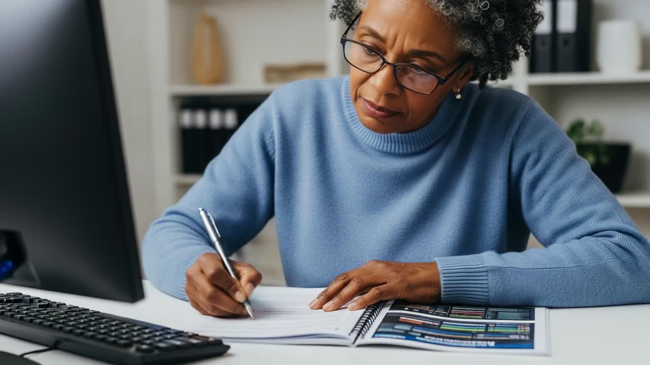 Focused and Engaged: An Individual Diligently Takes Notes and Completes a Task While Concentrating on a Computer Screen in a Comfortable Home Office Setting, Showcasing a Productive Environment