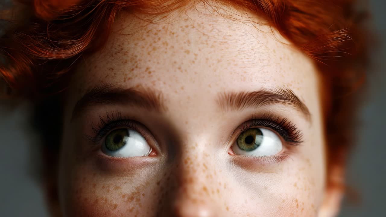 Captivating Gaze: A Close-Up Exploration of Expressive Eyes, Freckles, and Natural Beauty in a Young Individual with Stunning Red Hair and Mesmerizing Green Irises