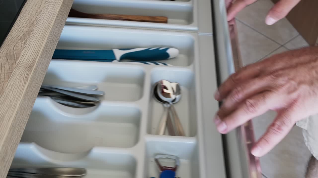Hand opens kitchen drawer, selects scissors from organized cutlery compartment, then closes it. Clean modern setting with smooth wooden cabinetry and efficient storage solutions