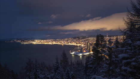 scenic view of trondheim city from forest with snowy pine trees in ila, norway