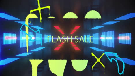 flash sale text with colorful abstract shapes and glowing lights animation