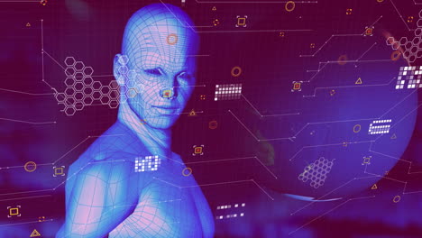 animation of icons, globe and human model on violet background
