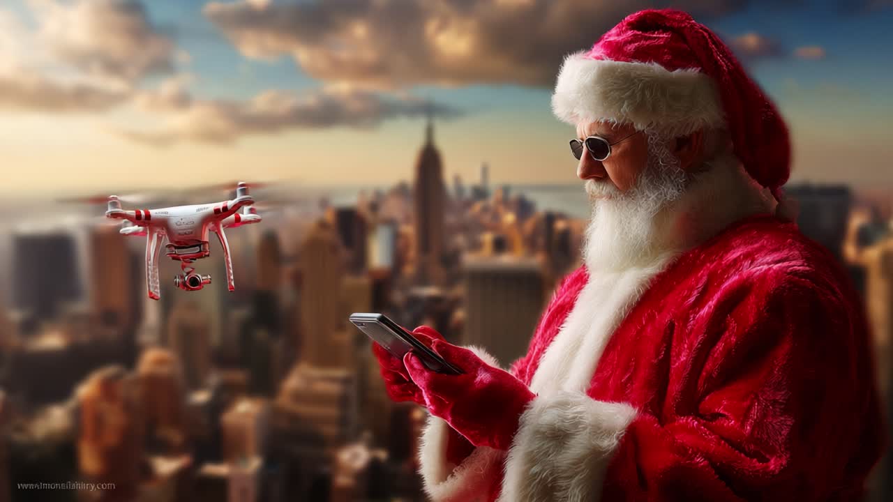 A Modern Santa Claus in the City: Dressed in Vibrant Red, He Uses a Smartphone and Oversees a Drone, Blending Tradition with Technology Against a Stunning Urban Skyline