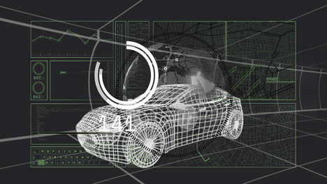 Animation of wireframe car with digital data and graphs in futuristic design