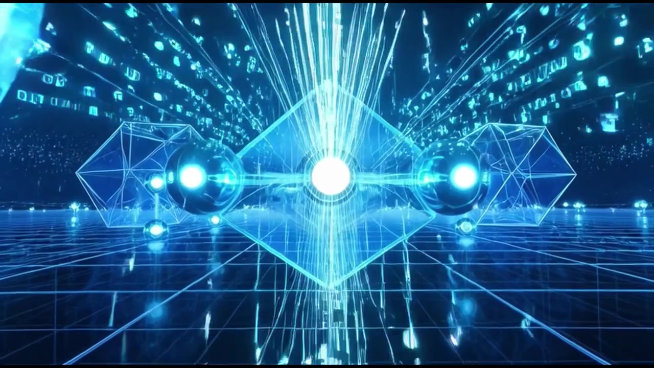 Abstract Digital Grid with Glowing Geometric Shapes and Light Beams