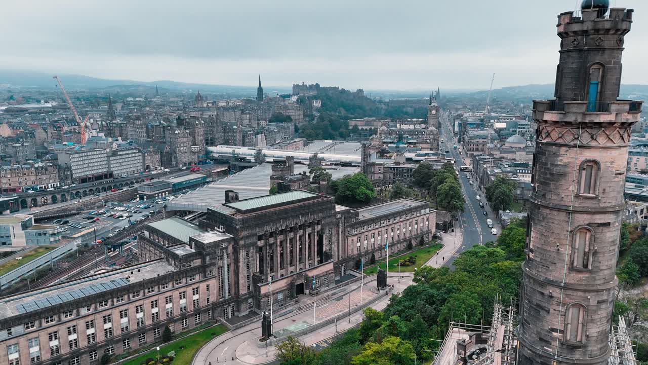 Aerial View of Edinburgh Cityscape with Tower and Historic Buildings