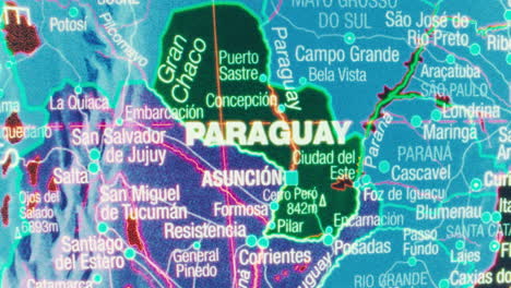 close-up map of paraguay and surrounding south american countries