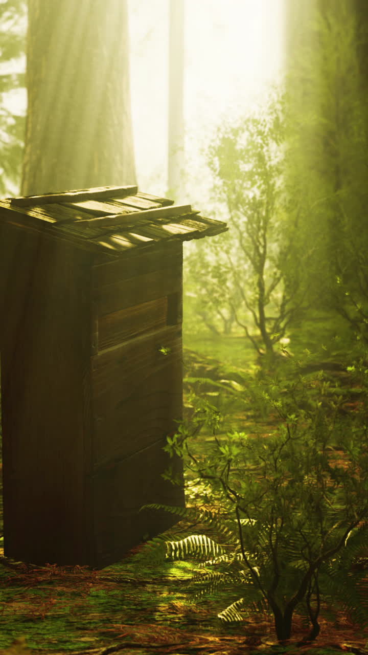 안개 숲 에 있는 나무 의 오두막