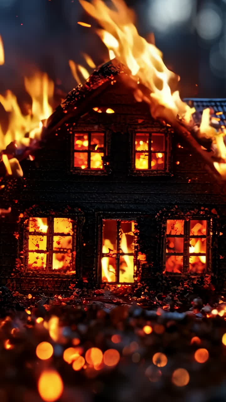 A small house is surrounded by a field of fire. The house is on fire and the flames are spreading