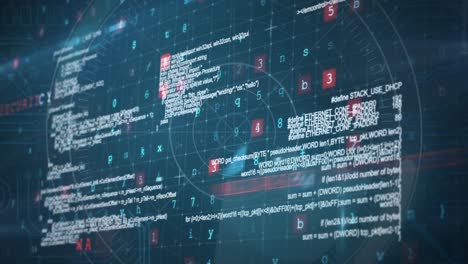 animation of data processing with cyber attack warning text and scope scanning