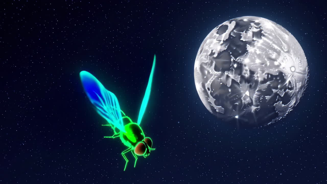 Glowing Fly in Space Near the Moon