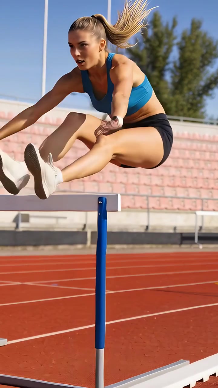 Vídeo vertical: Mulher barreirista iniciando a corrida, com top e shorts azuis, saltando barreiras na pista durante o treino