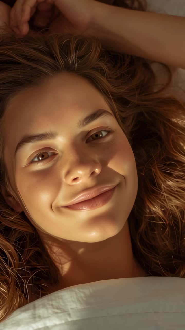 Video verticale: una donna apre gli occhi e reagisce alla calda luce sul letto con capelli tra le lenzuola e il cuscino, sorridendo
