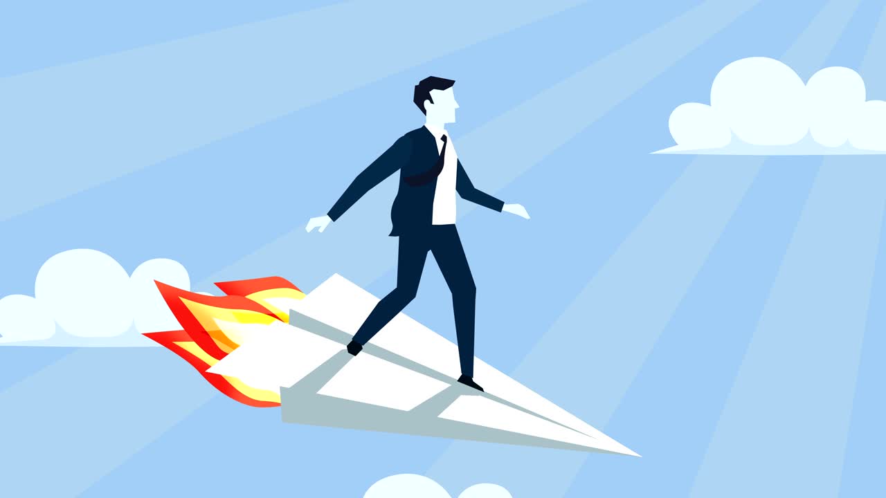 hombre de negocios de estilo azul volando en un avión de papel accidente plano animación de personajes de dibujos animados