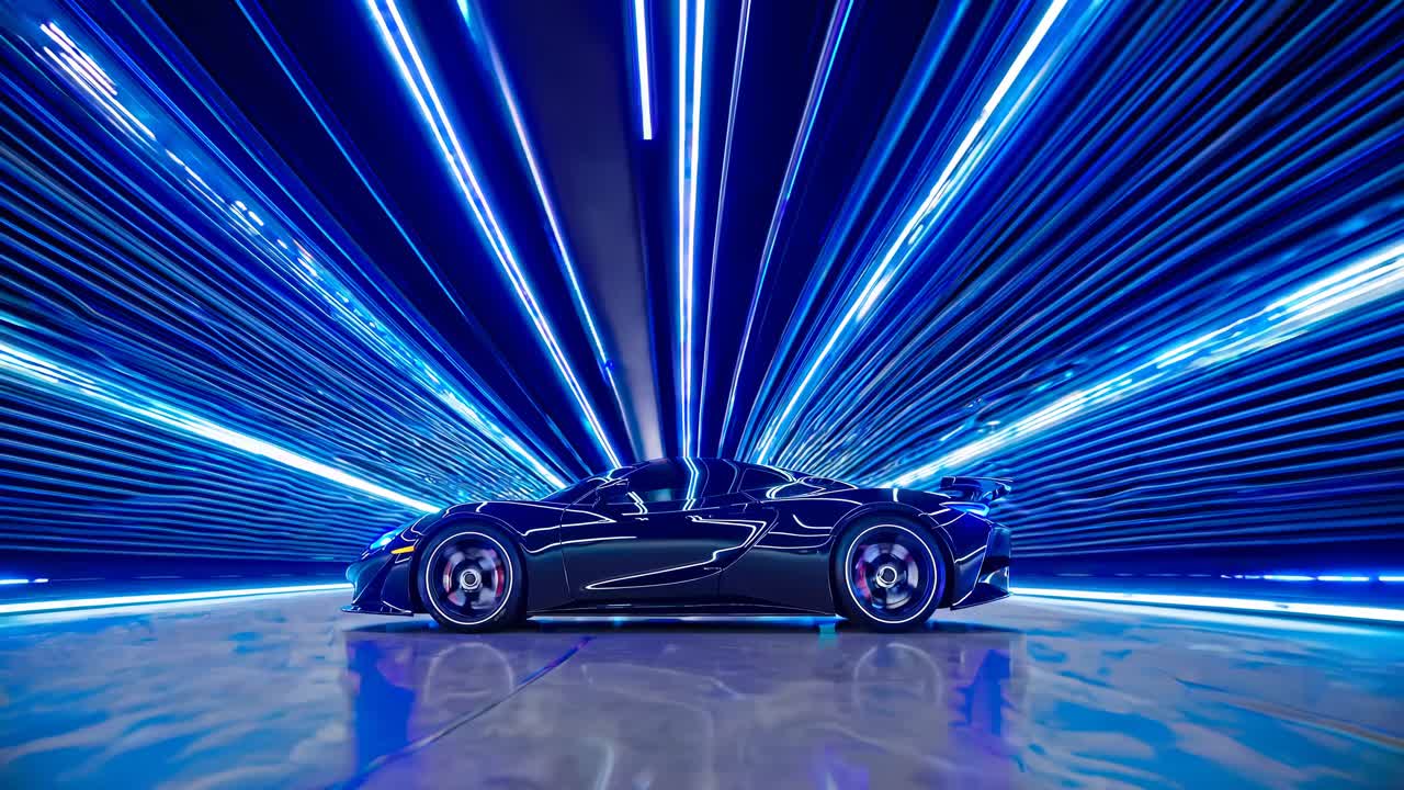 Side view of a sleek car with dynamic blue light trails, creating a futuristic video effect