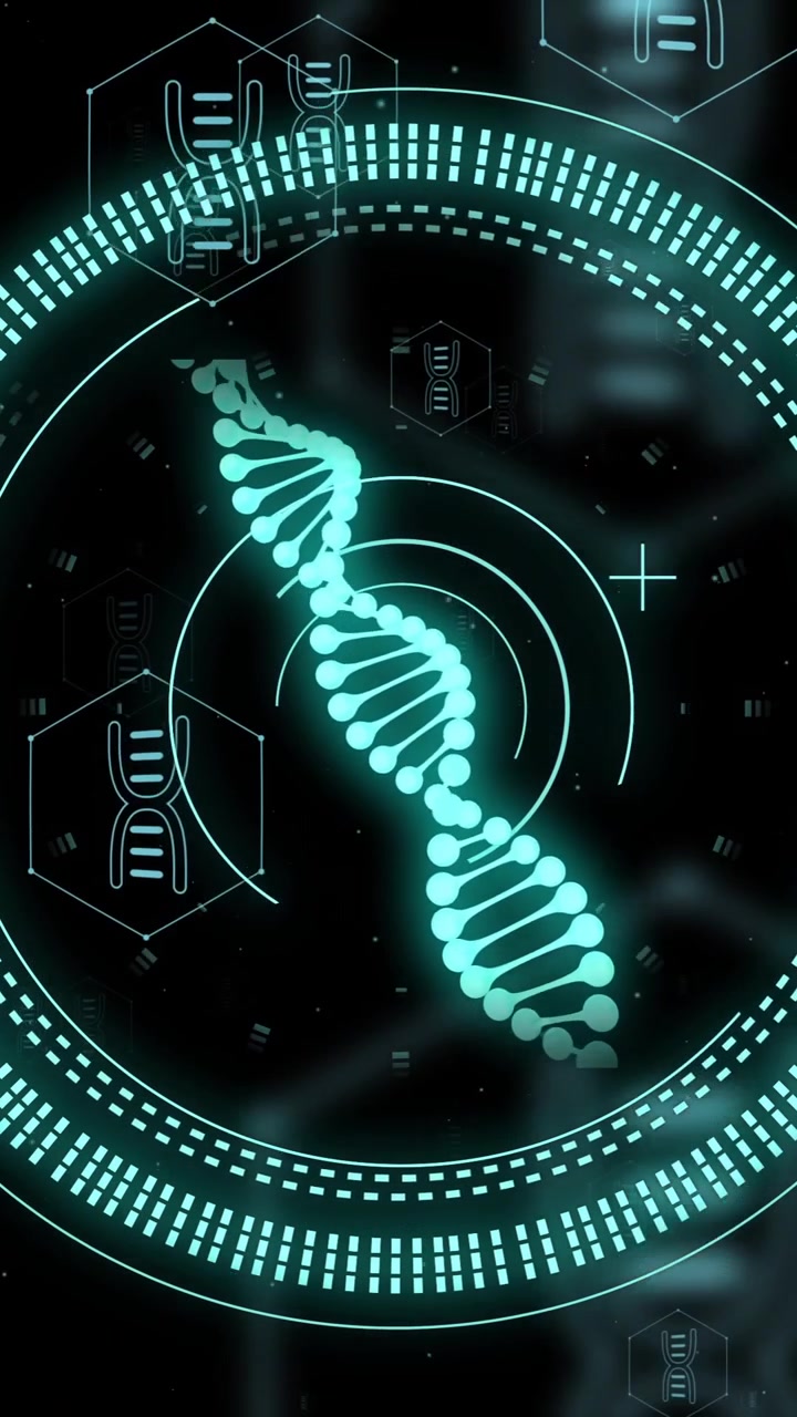 Animation of dna strand and digital data processing over black background