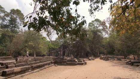 Gehen-Sie-Langsam-Unter-Einem-Baum-Weg-Von-Einem-Verlassenen-Tempel-In-Siem-Reap,-Kambodscha