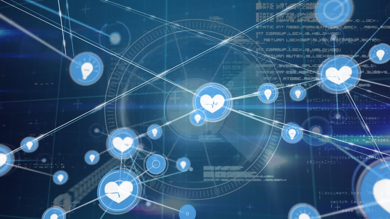 검은색 배경에 데이터 처리에 대한 아이콘으로 연결 네트워크의 애니메이션