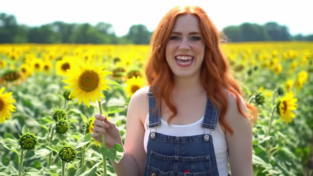 Smiling Woman Enjoying a Sunny Day in a Sunflower Field While Picking Flowers in Summer