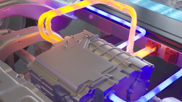 Detail shot of a model of an electric vehicle powertrain in Germany, highlighting battery components, metal drivetrain parts, and advanced energy flow technology for clean mobility, UHD