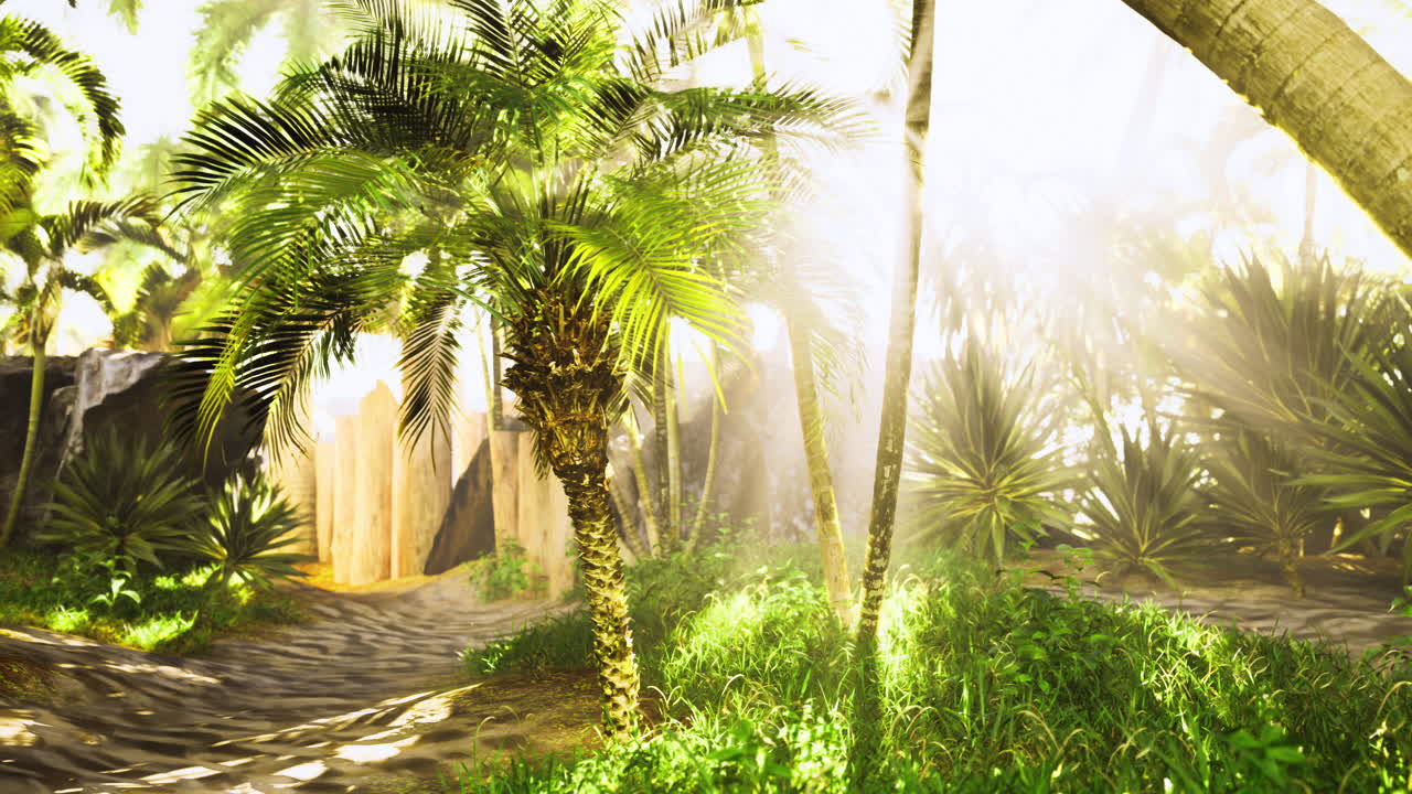 Lush tropical landscape with sunlight filtering through palm trees