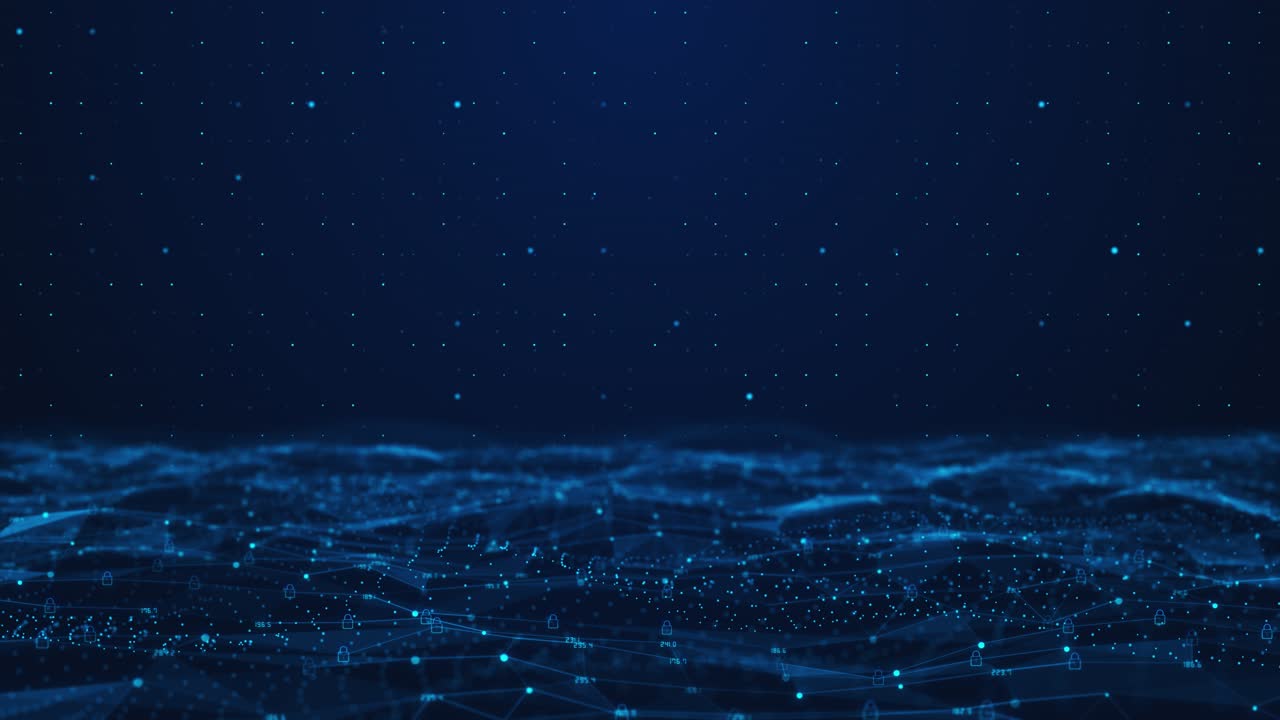 Network waves move across dark digital space lock icons numeric particles visual highlight
