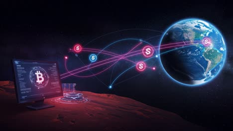 a futuristic exploration of cryptocurrency: visualizing bitcoin transactions interconnecting mars and earth with dynamic data flow and virtual currency elements
