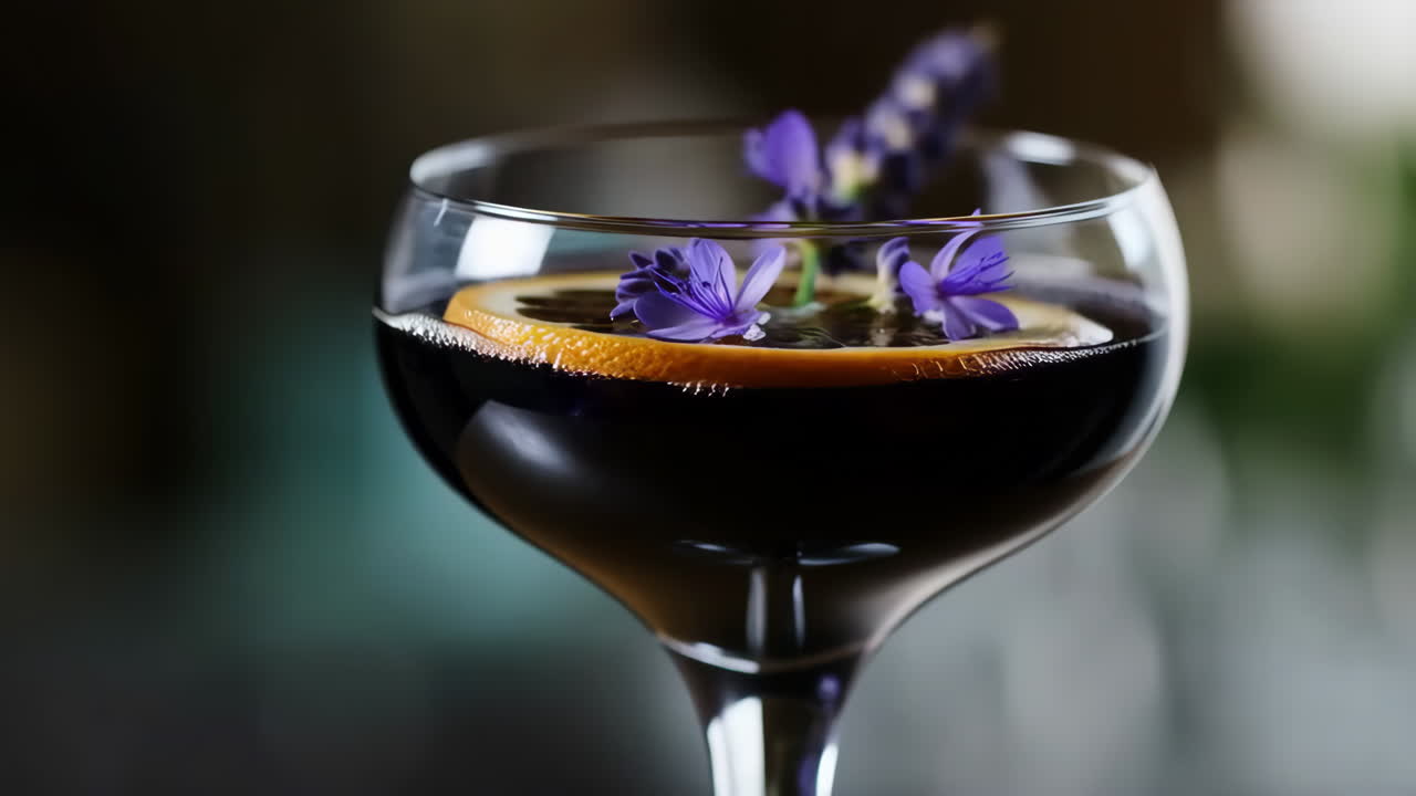 A dark cocktail garnished with an orange slice and purple flowers in a coupe glass