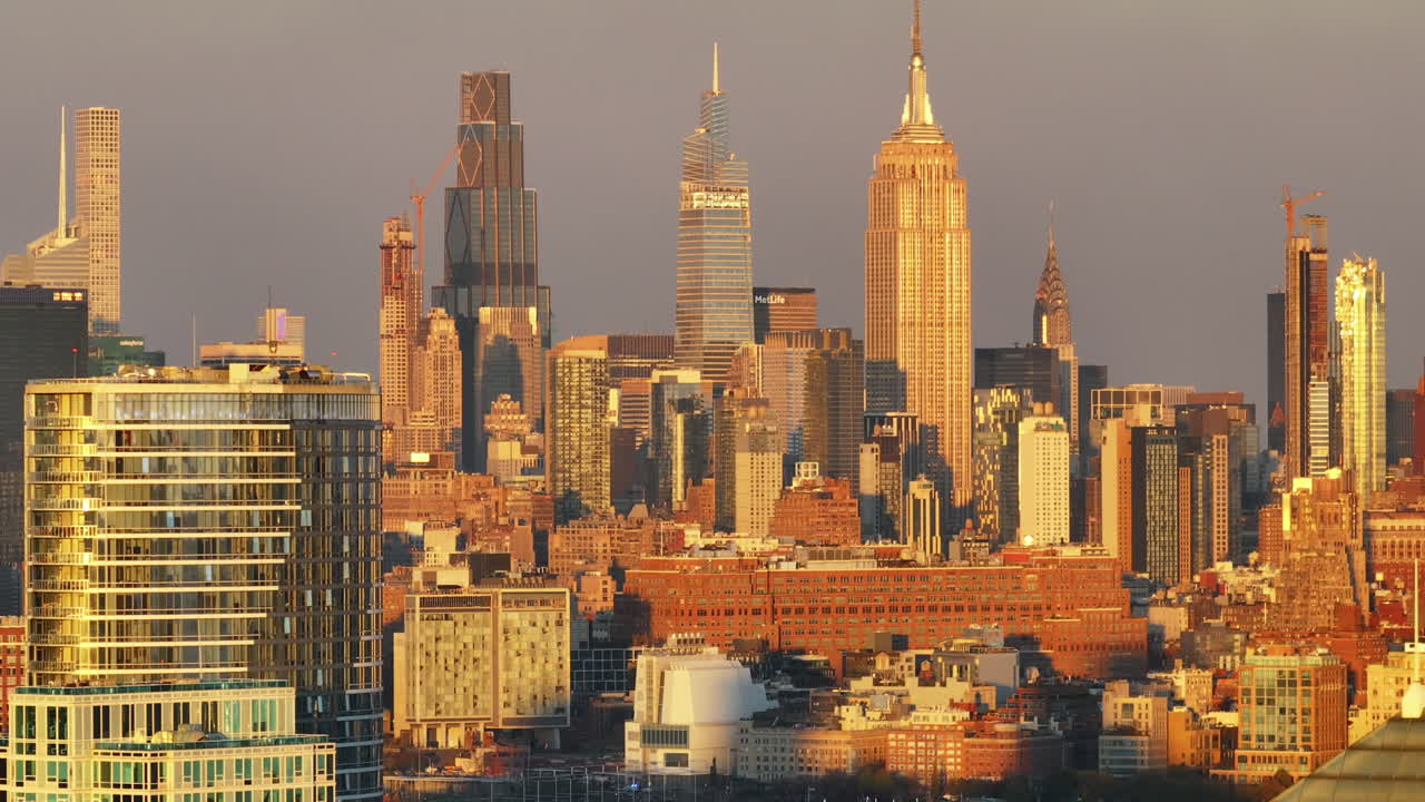 Aerial view of Midtown Manhattan at dusk. Shot along The Hudson River
