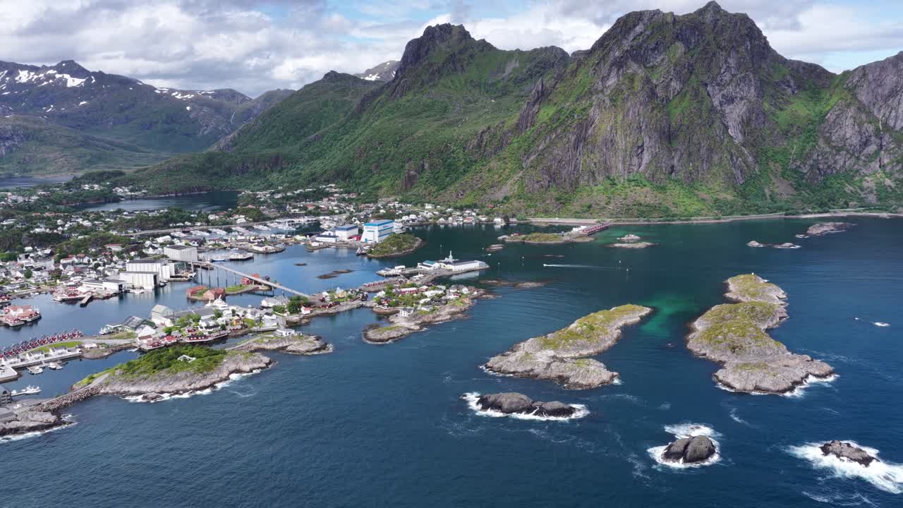 Drone shot of Svolvaer in Lofoten Islands in Norway during summer 4k