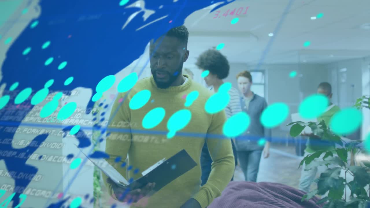 Animation of financial data and graphs over african american man working in office