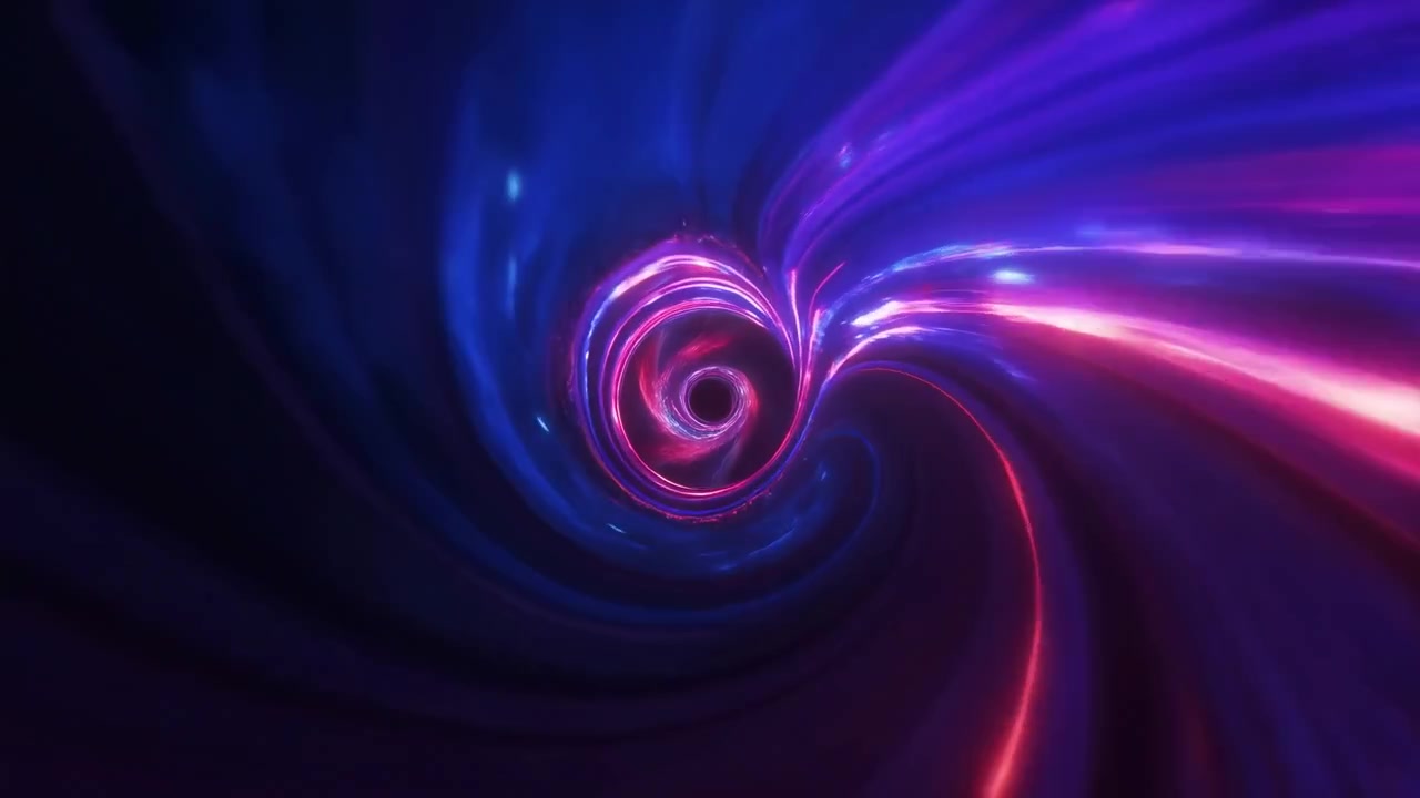 Abstract purple, blue, and magenta vortex with luminous curved streaks pulling toward a dark center, creating a futuristic sense of motion, depth, and energy