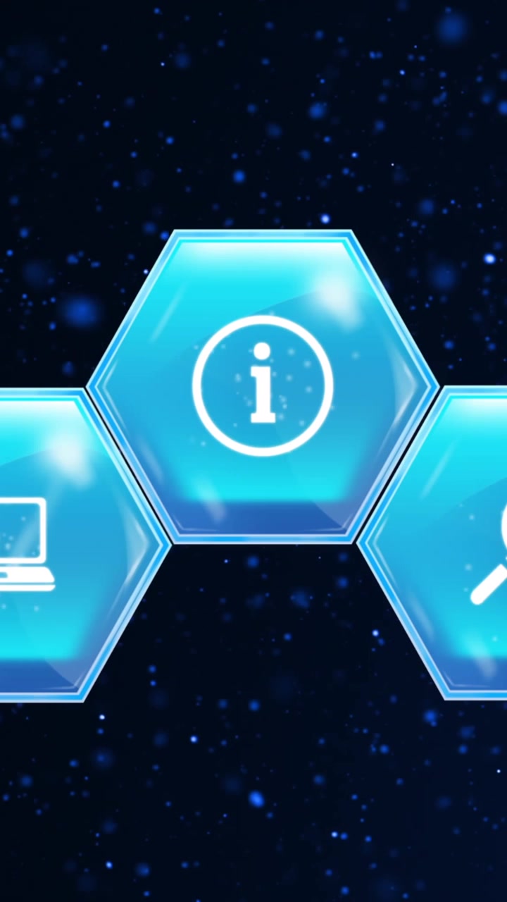 Animation of education and learning icons on blue hexagons over stars on blue background