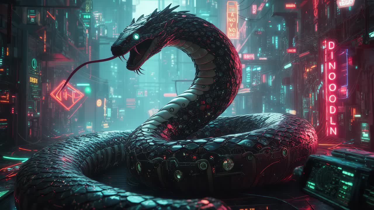 cobra cyberpunk en la ciudad de neón