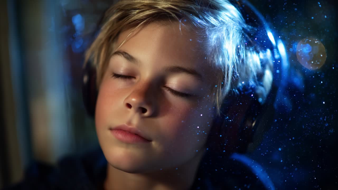 A Serene Moment of Music: A Young Boy with Closed Eyes and Headphones Immersed in Sound, Capturing the Essence of Peaceful Listening Amid a Whimsical Background of Stars and Cosmic Elements