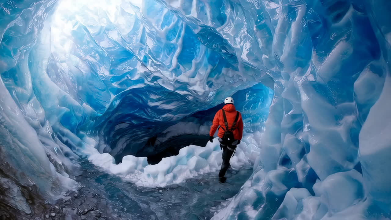 Person Exploring a Vibrant Blue Ice Cave