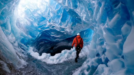 person exploring a vibrant blue ice cave