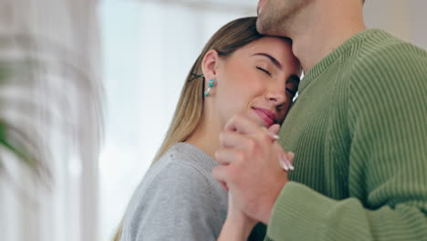 couple, dance and hug in home for love