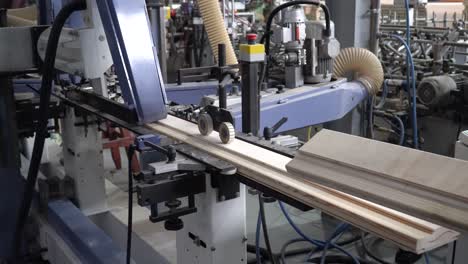 feeding wooden planks through a wood working machine in a workshop