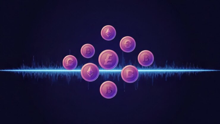 Visualizing Cryptocurrency Dynamics: A Digital Artwork Showcasing Unique Coins Against a Vivid Sound Wave Background for Crypto Enthusiasts and Investors