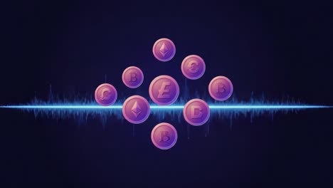 visualizing cryptocurrency dynamics: a digital artwork showcasing unique coins against a vivid sound wave background for crypto enthusiasts and investors