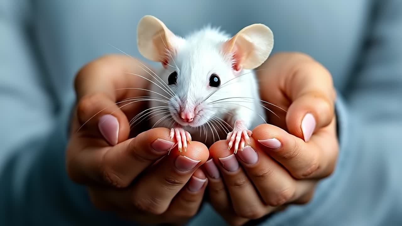 Una persona che tiene in mano un ratto bianco