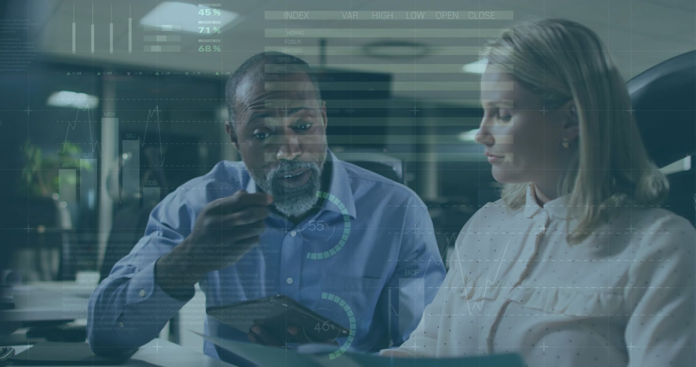 Animation of data processing over diverse business people talking